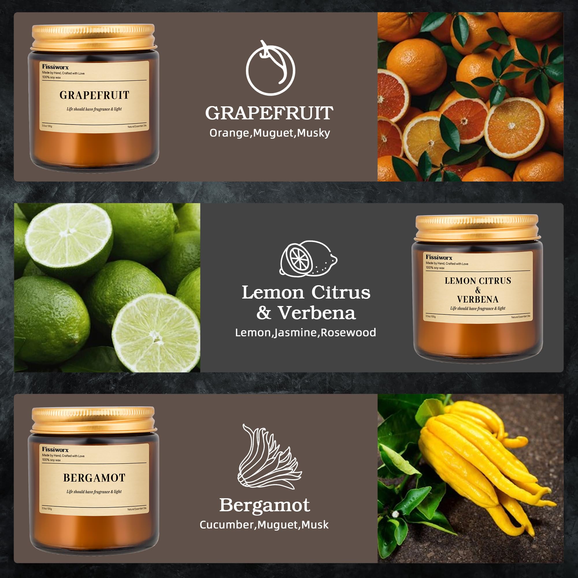 Fissiworx Lemon Citrus and Verbena candle in amber jar for crisp freshness