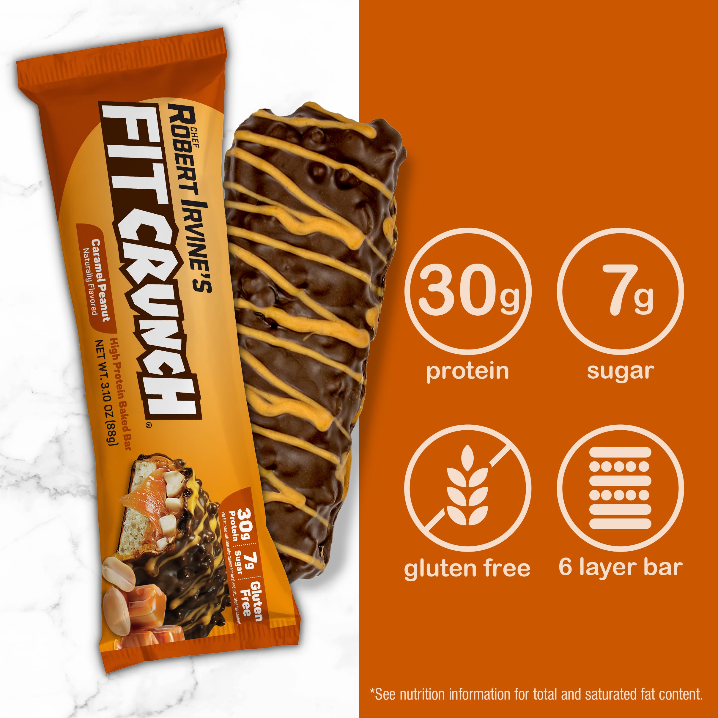 Fit Crunch caramel peanut ingredients panel close-up, gluten-free protein source.
