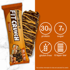Fit Crunch caramel peanut ingredients panel close-up, gluten-free protein source.