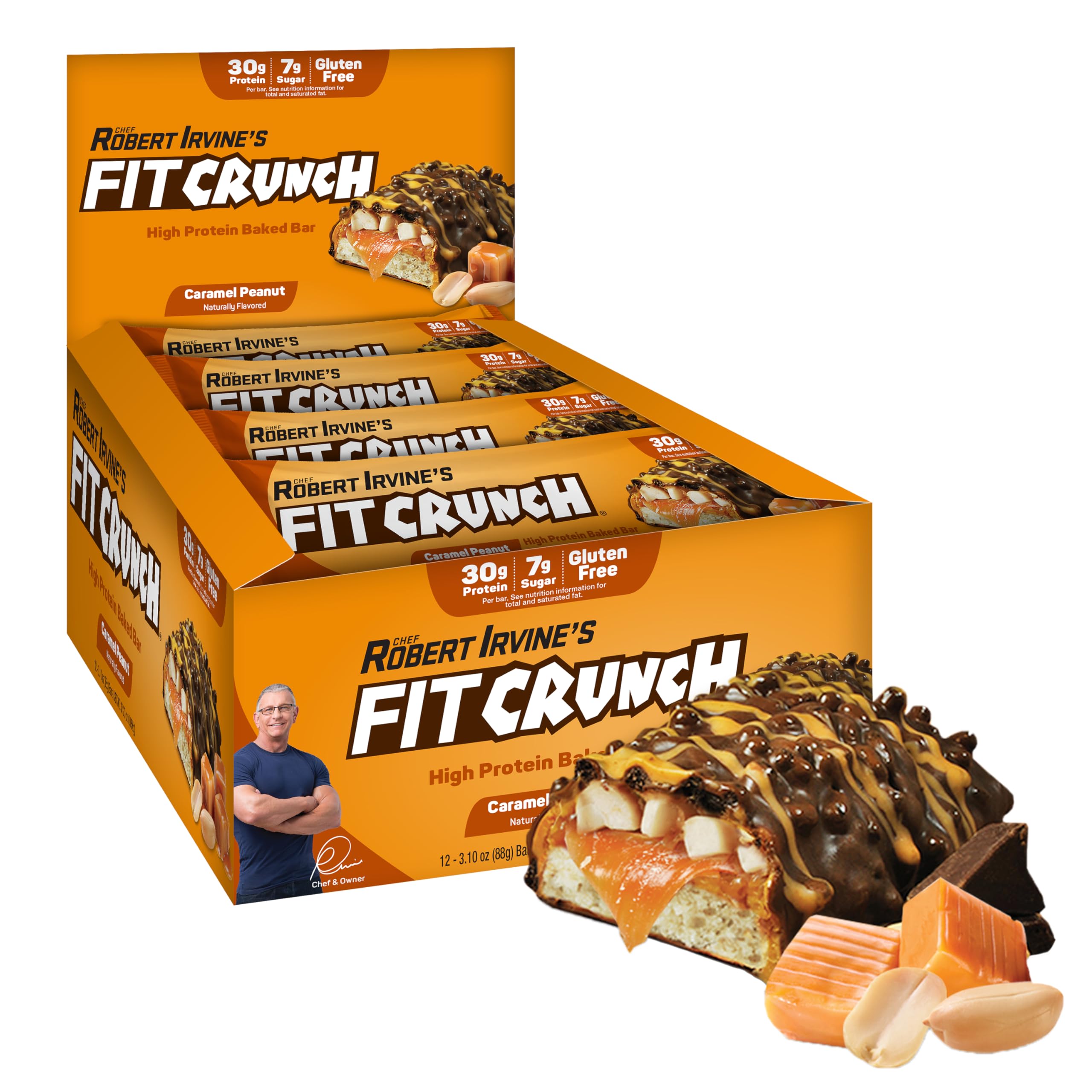Fit Crunch caramel peanut full size bar package front, protein snack for on-the-go days.