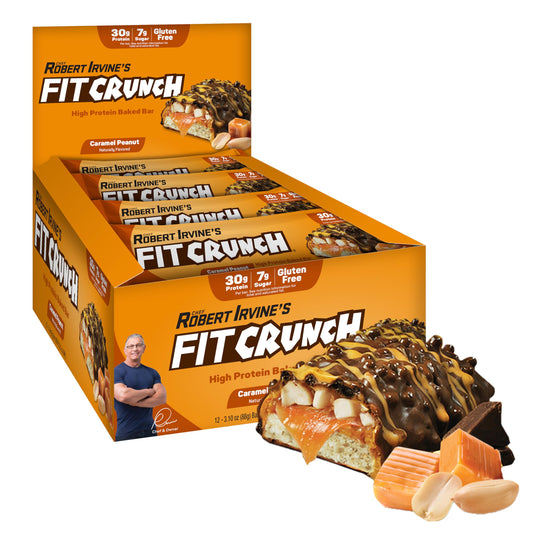 Fit Crunch caramel peanut full size bar package front, protein snack for on-the-go days.