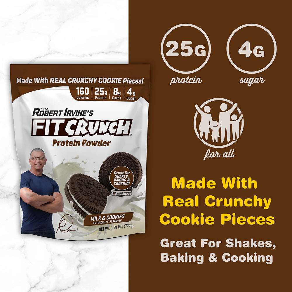 Fit Crunch Milk and Cookies plated dish suggesting a satisfying, high-protein snack.