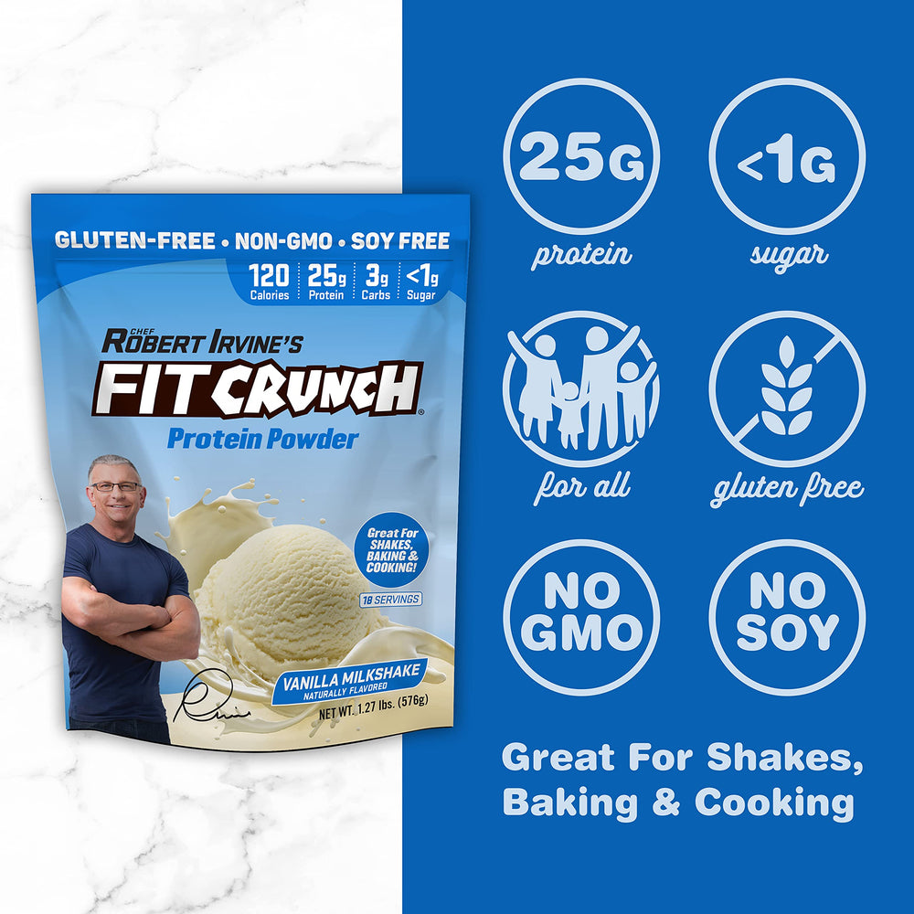 Pouring Fit Crunch Tri-Blend Whey Protein Vanilla Milkshake powder for easy mixability