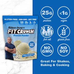 Pouring Fit Crunch Tri-Blend Whey Protein Vanilla Milkshake powder for easy mixability
