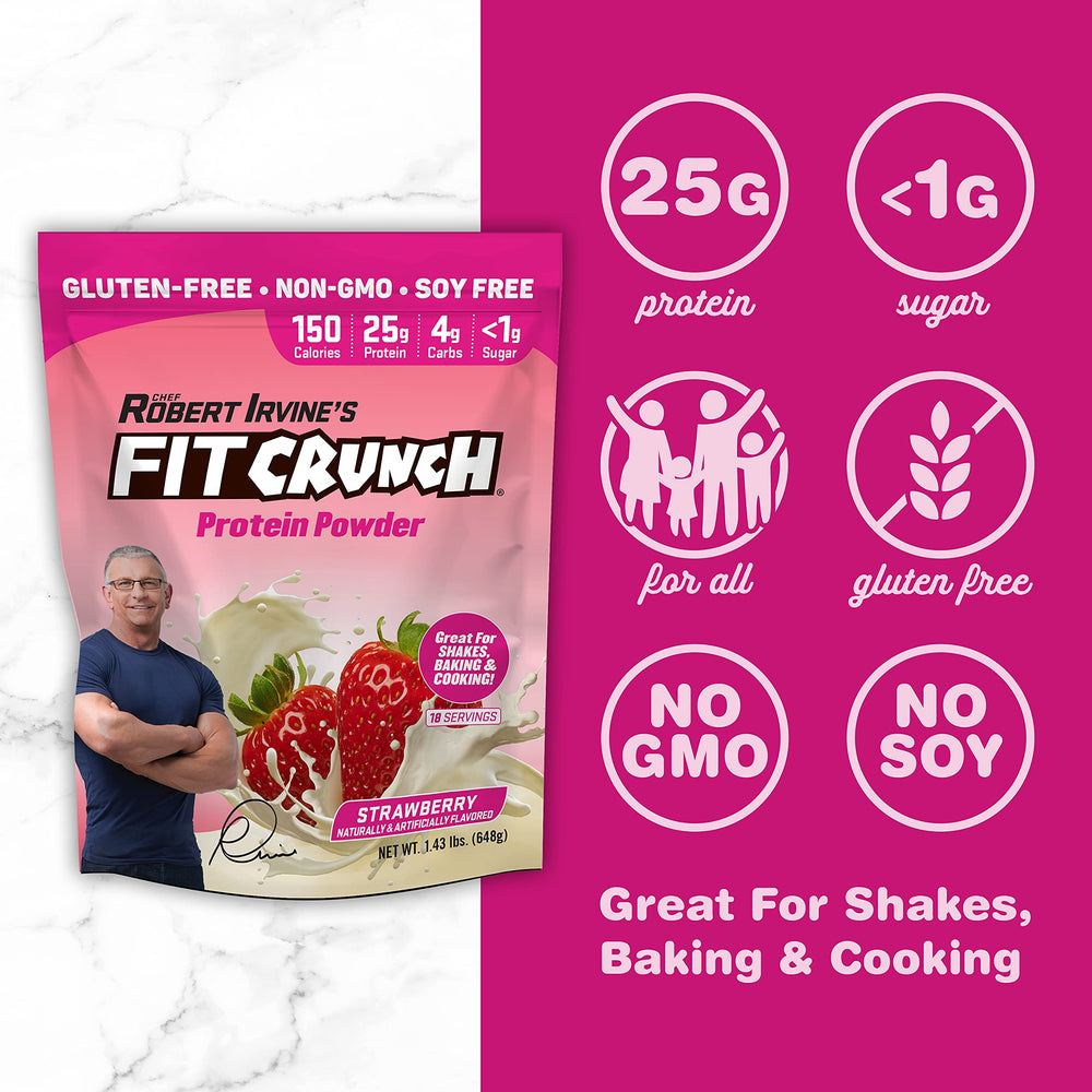 Fit Crunch strawberry tub with scoops suggests versatile use and flavor.