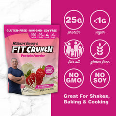 Fit Crunch strawberry tub with scoops suggests versatile use and flavor.