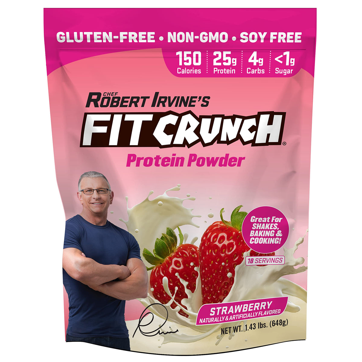 Fit Crunch Tri-Blend Whey Protein strawberry tub offers a creamy shake experience.