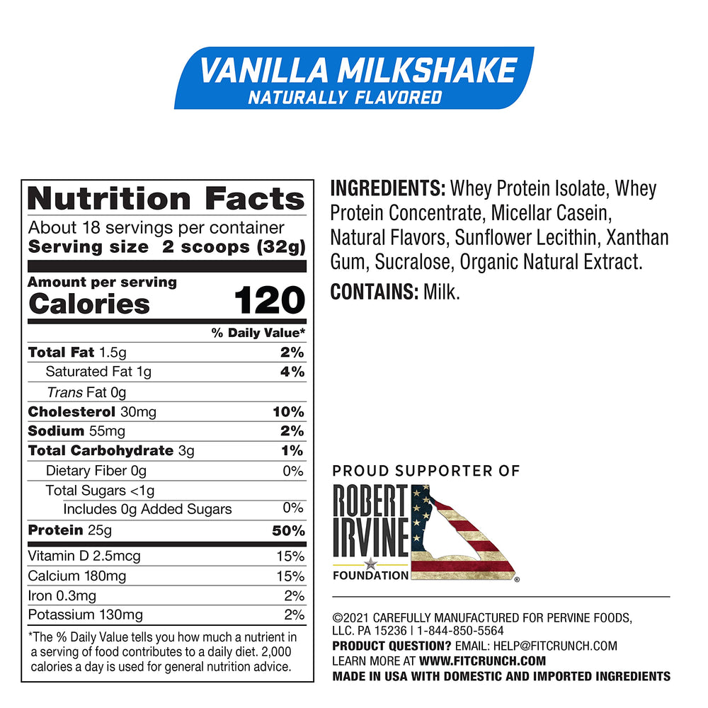 Fit Crunch Tri-Blend Whey Protein Vanilla Milkshake shake in a glass showing creamy texture