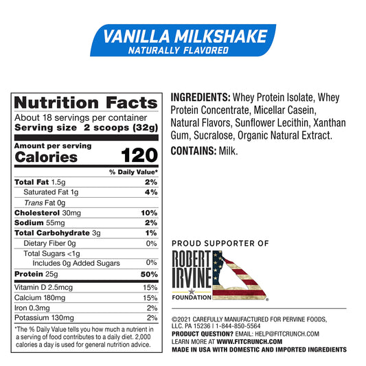 Fit Crunch Tri-Blend Whey Protein Vanilla Milkshake shake in a glass showing creamy texture