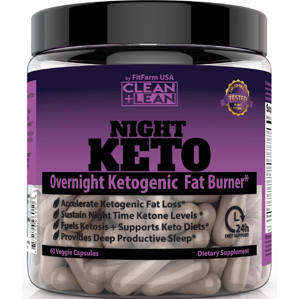 FIT FARM USA Clean+Lean Night Keto bottle showing overnight support for energy and sleep
