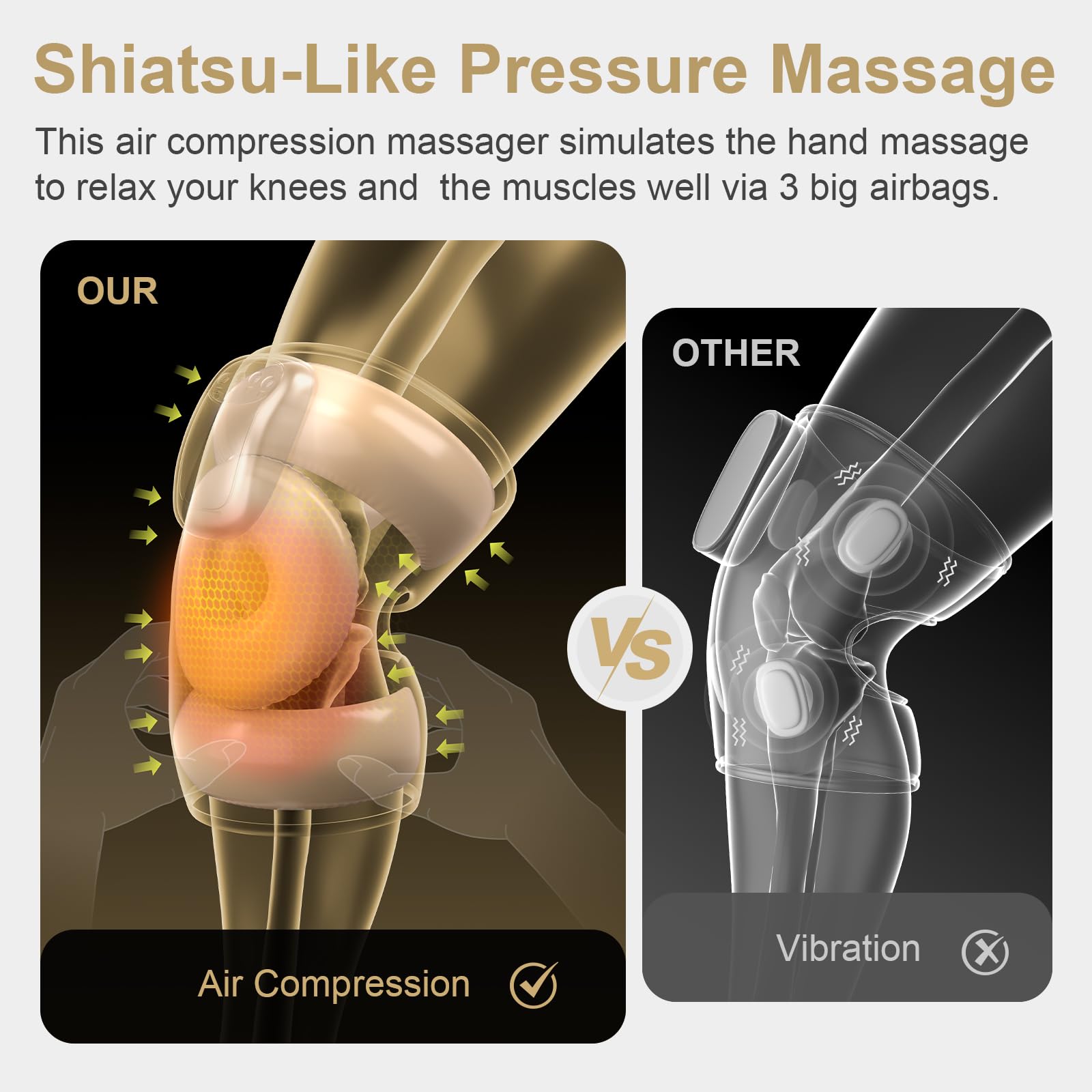 FIT KING knee massager lower thigh airbag shown with heating cycle soothing cold joints.