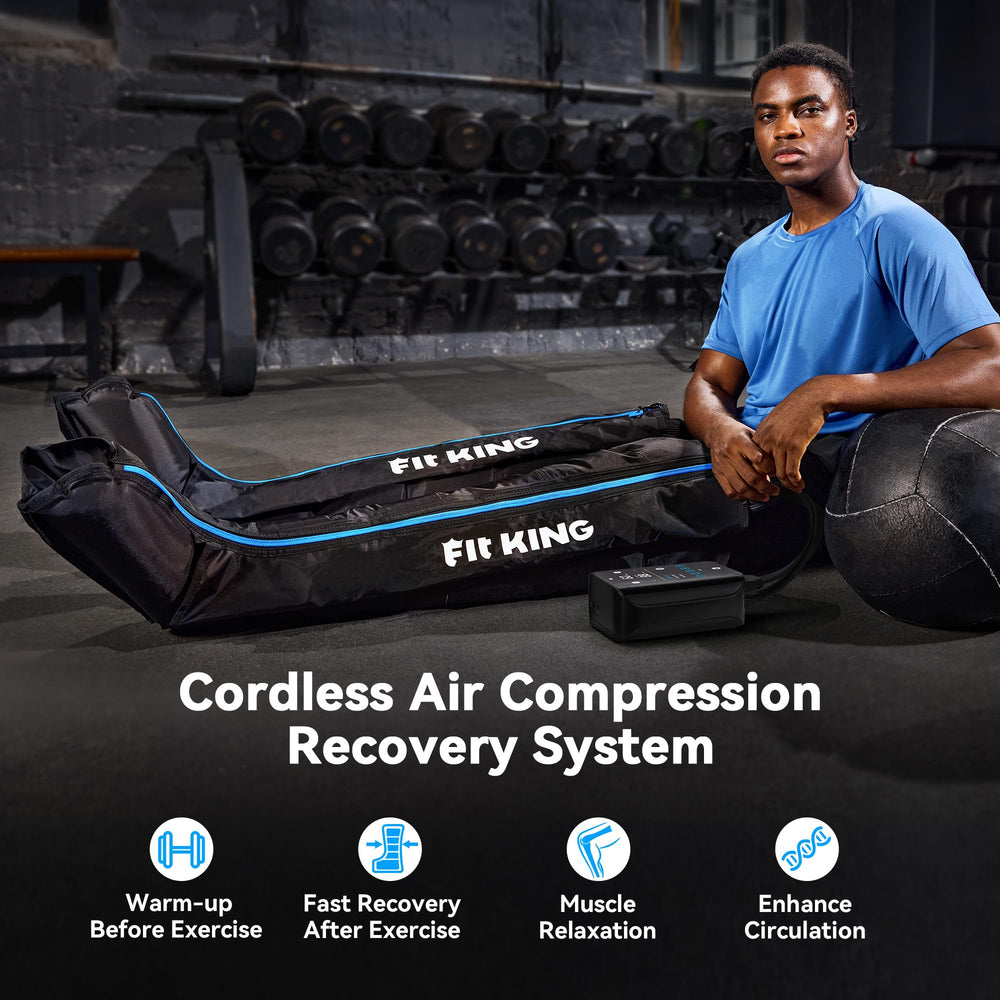 FIT KING cordless recovery leg sleeves in use for targeted leg massage