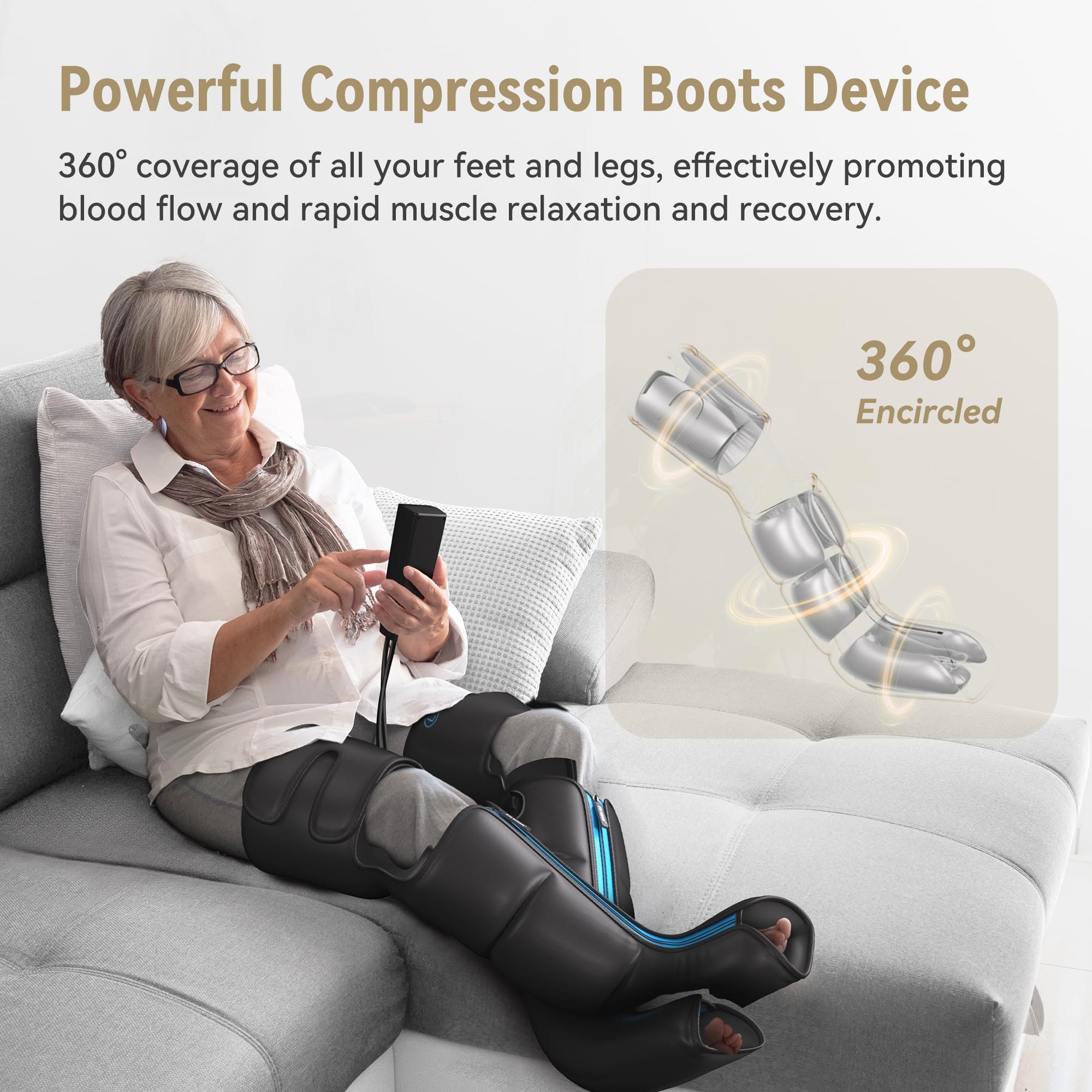 FIT KING expanded airbags illustrate targeted massage for foot and calves.