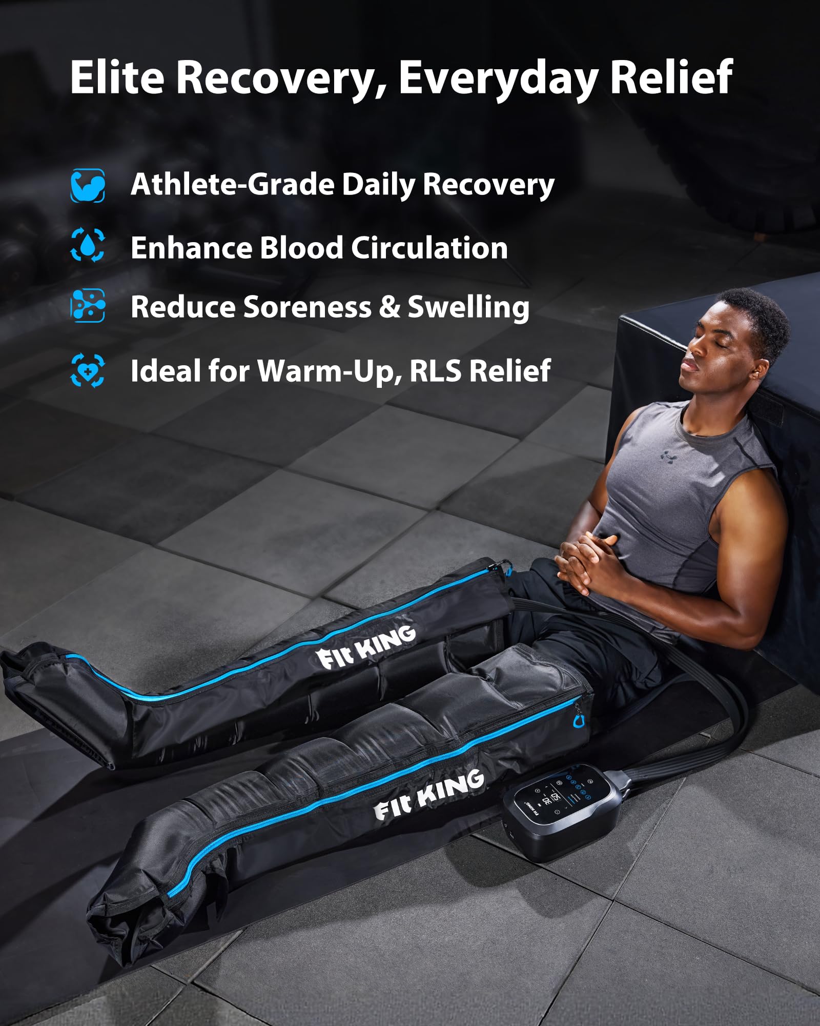 FIT KING five-zone precision control targets foot to thigh for customizable leg massage.