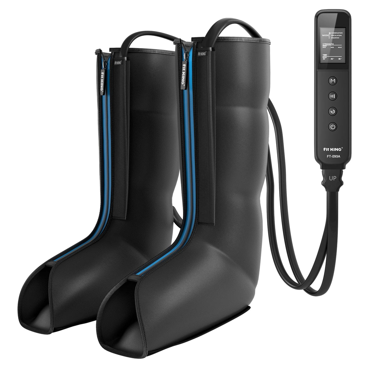 FIT KING leg massager front view highlighting 360° air compression for calves and feet.