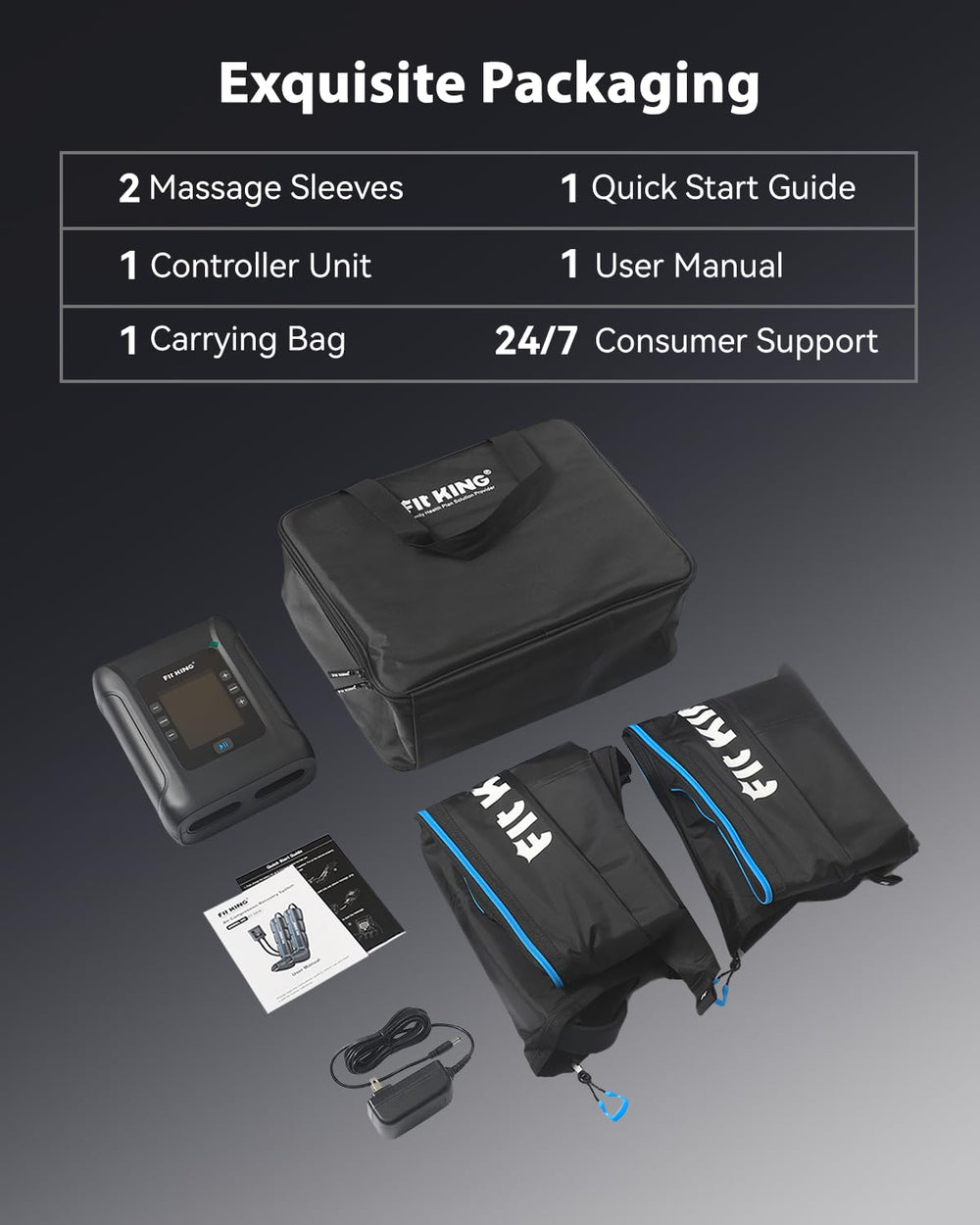 FIT KING separate calf and thigh zones illustrate targeted compression.