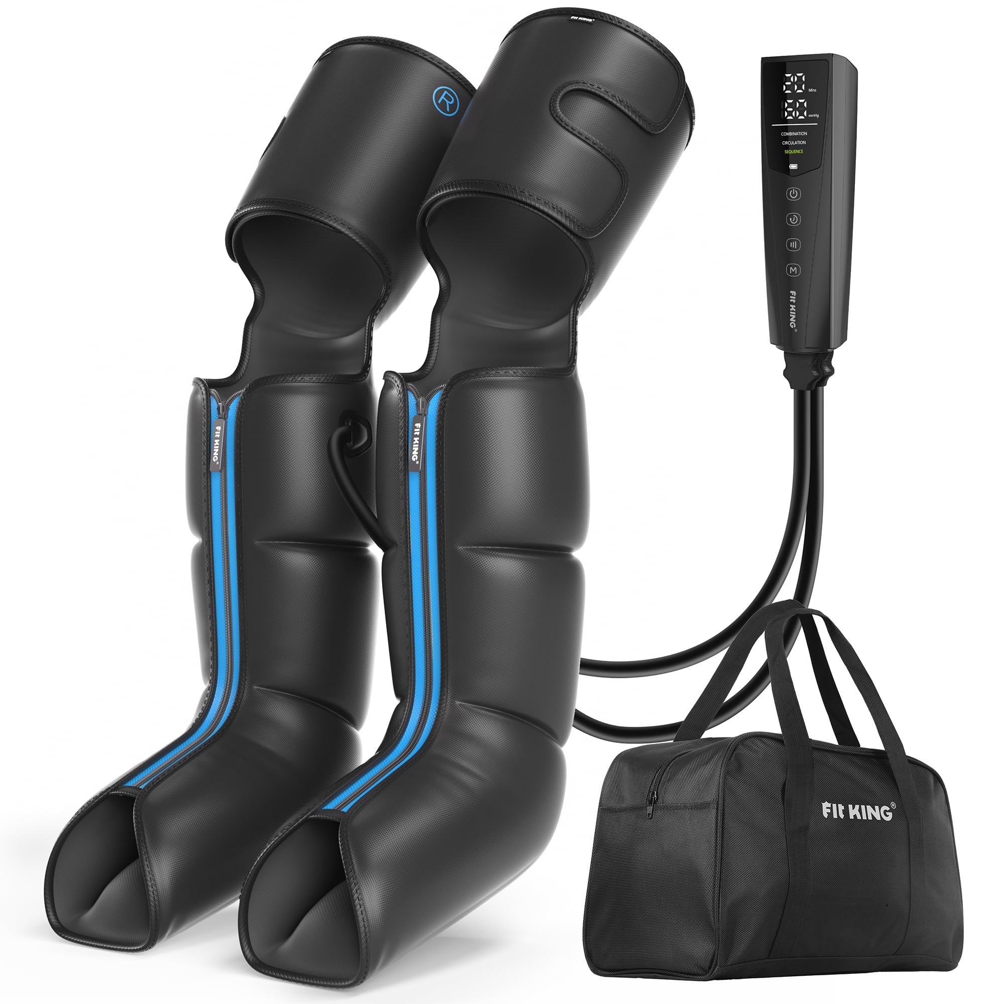FIT KING rechargeable leg massager cordless boots provide full-leg compression for relaxation.