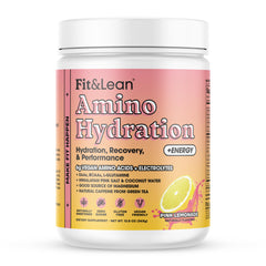 Fit & Lean Amino Hydration Plus Energy pink lemonade bottle pouring to hydrate during workouts