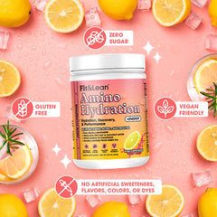 Tub front-label of Fit & Lean amino hydration plus energy shows vegan EAAs and zero sugar