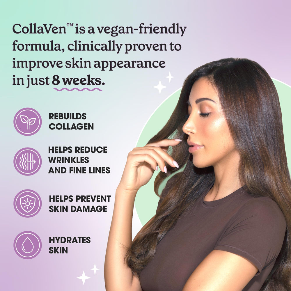 Close-up of CollaVen capsules highlighting plant-based formula for skin elasticity.