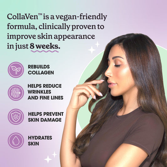 Close-up of CollaVen capsules highlighting plant-based formula for skin elasticity.