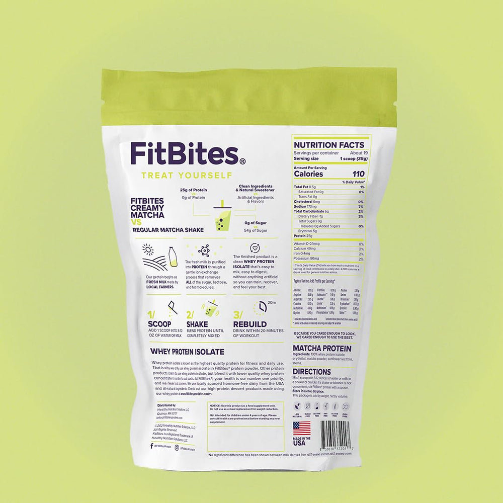 FitBites Matcha Latte shake in a glass showing creamy texture.