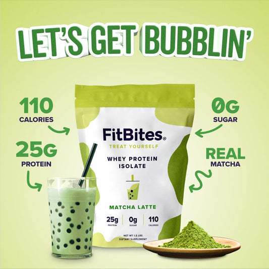 FitBites Matcha Latte shake blending with milk for creamy texture.