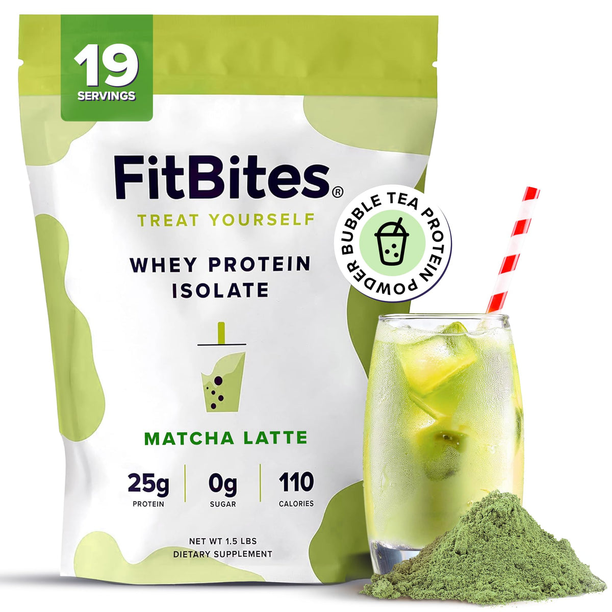 FitBites Matcha Latte powder container ready for a post-workout shake.
