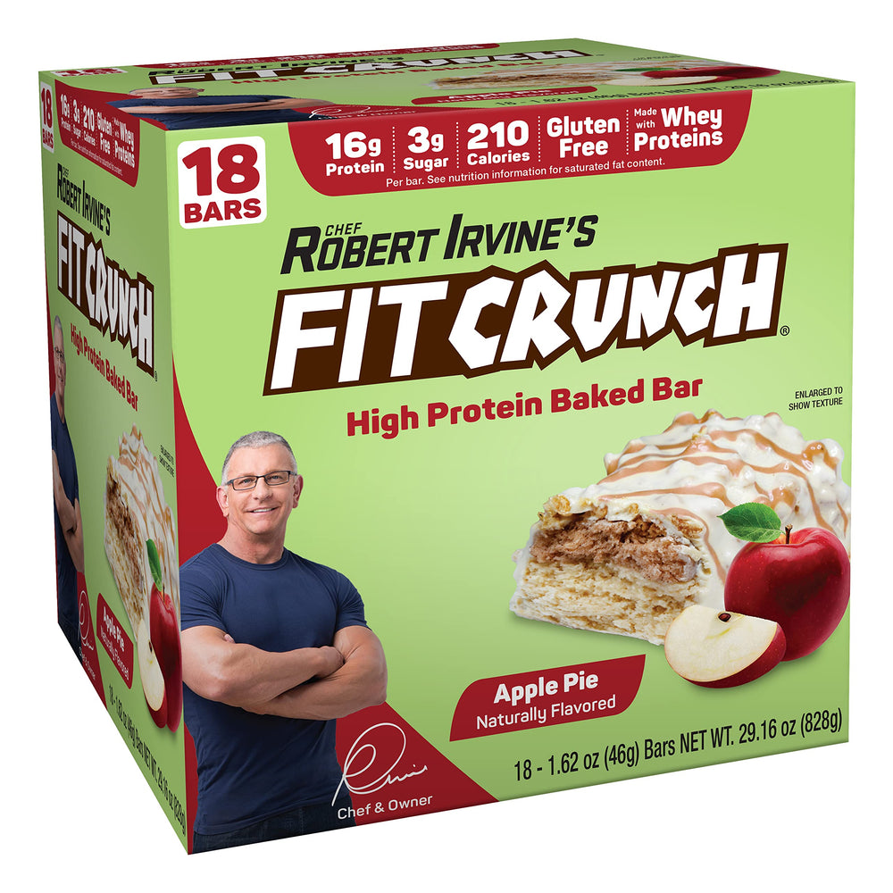 Fit Crunch Apple Pie 6-Layer Baked Bar close-up highlighting crispy layers for a satisfying snack.