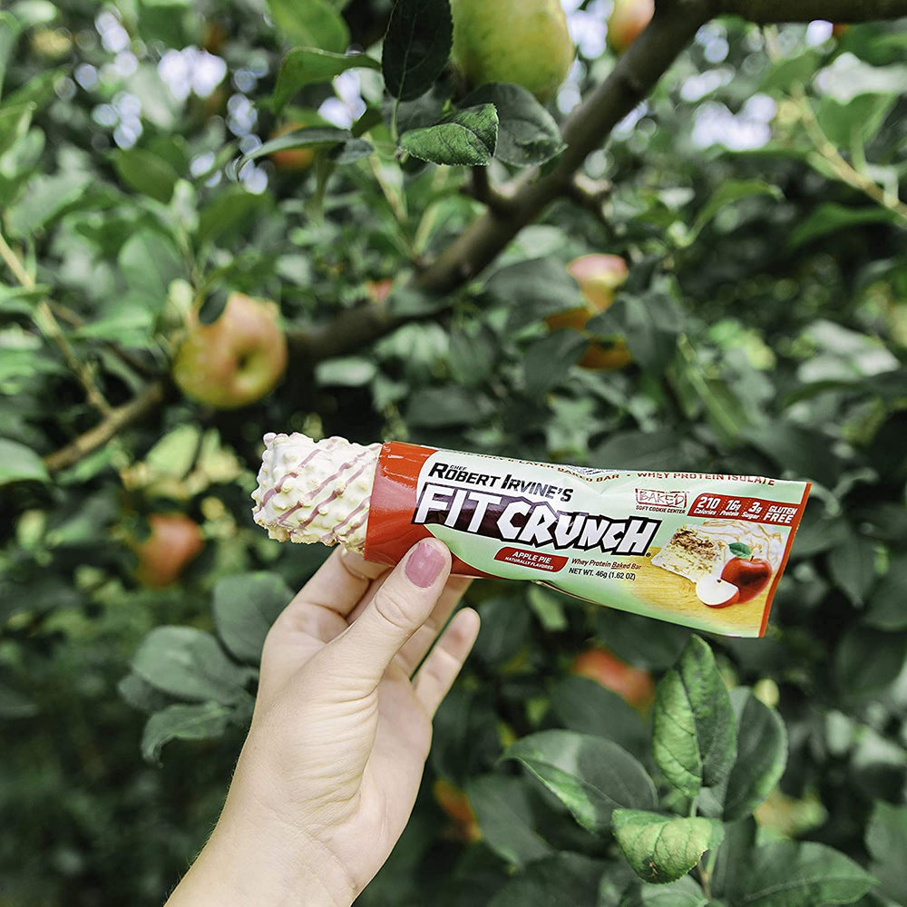 Fit Crunch Apple Pie Protein Bar on a plate highlights convenient, gluten-free snack option.