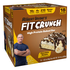 Fit Crunch Chocolate Banana bar packaging highlighting gluten-free protein snack