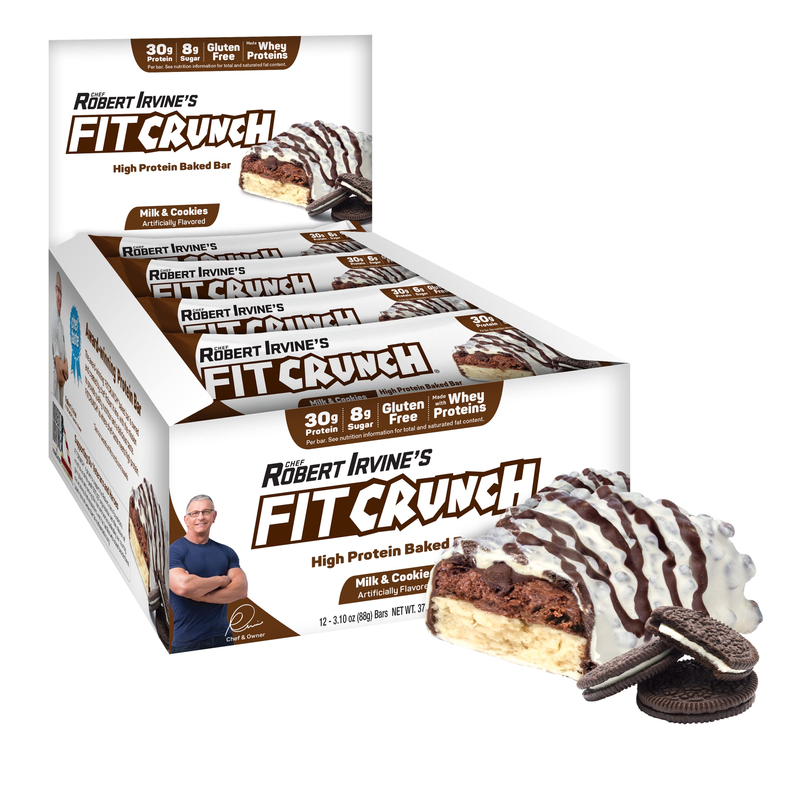 FITCRUNCH Milk & Cookies full-size bar packaging front, a protein-packed snack for active days.
