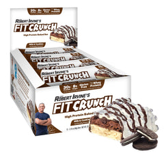 FITCRUNCH Milk & Cookies full-size bar packaging front, a protein-packed snack for active days.