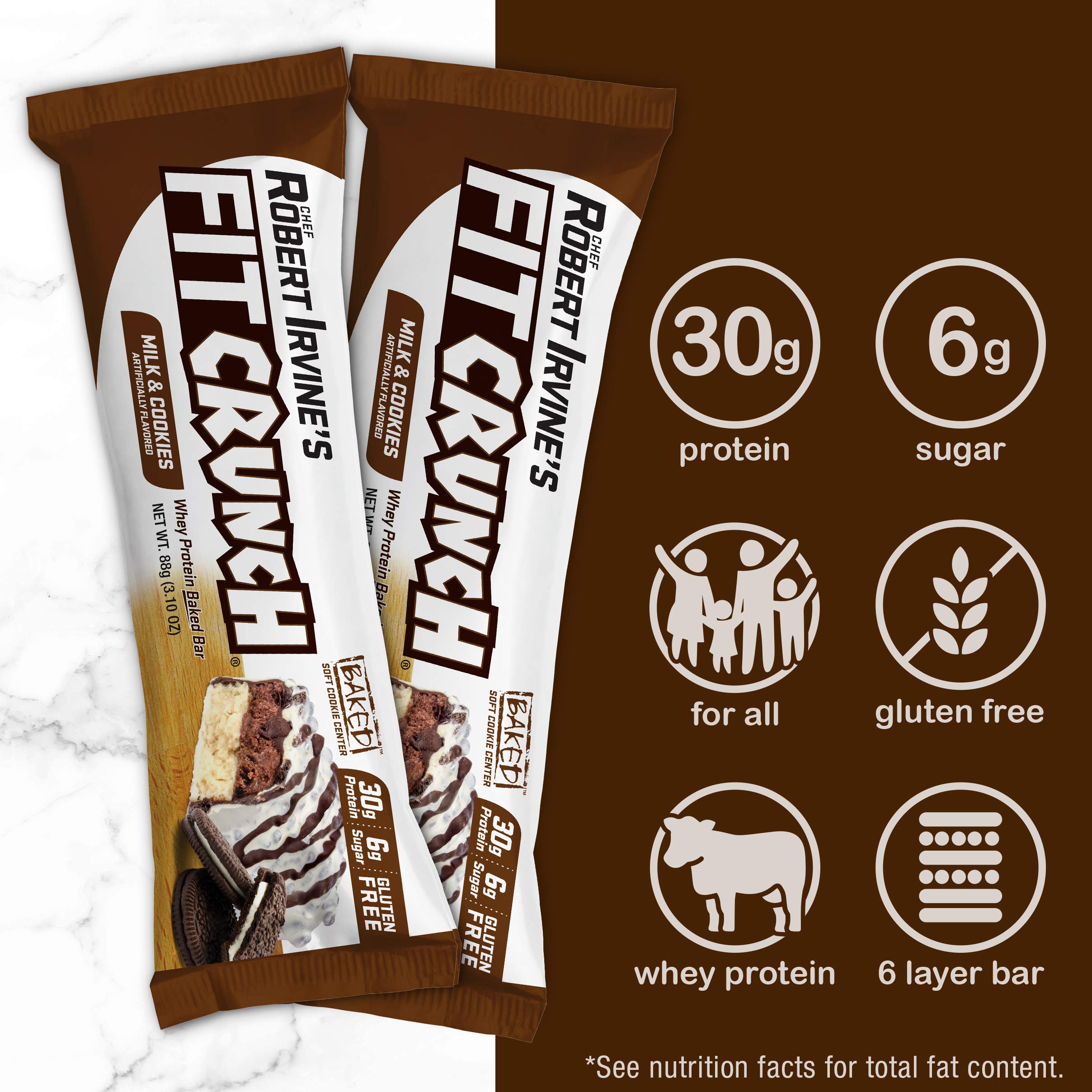 FITCRUNCH six-layer baked bar cross-section, rich texture for satisfying cravings.