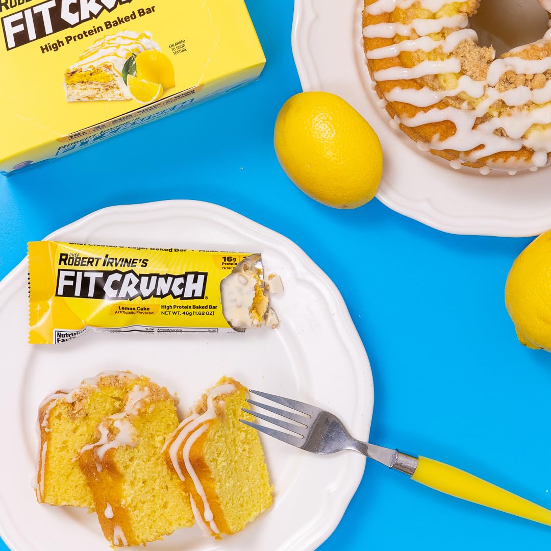 Nutrition panel on a Fit Crunch Lemon Cake bar highlights protein and sugar.