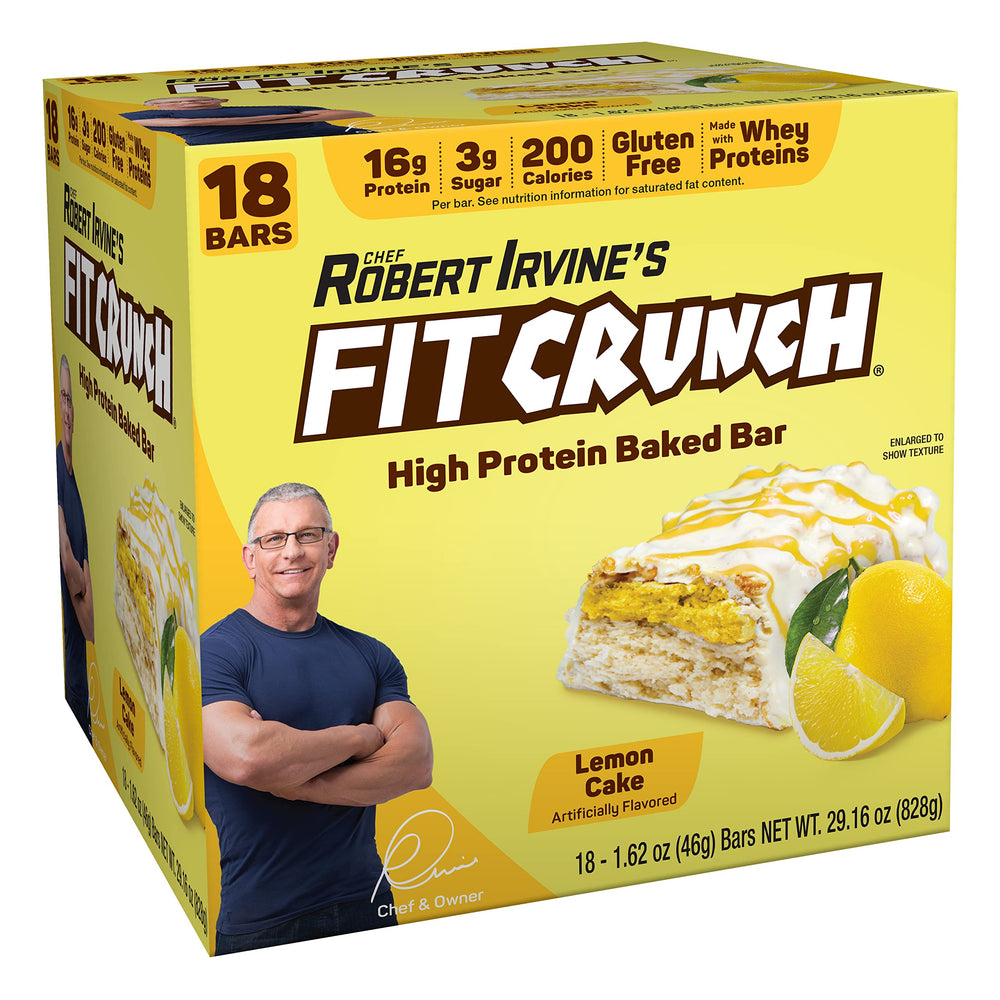 Fit Crunch Lemon Cake pack shot showing a protein-packed snack for busy days.