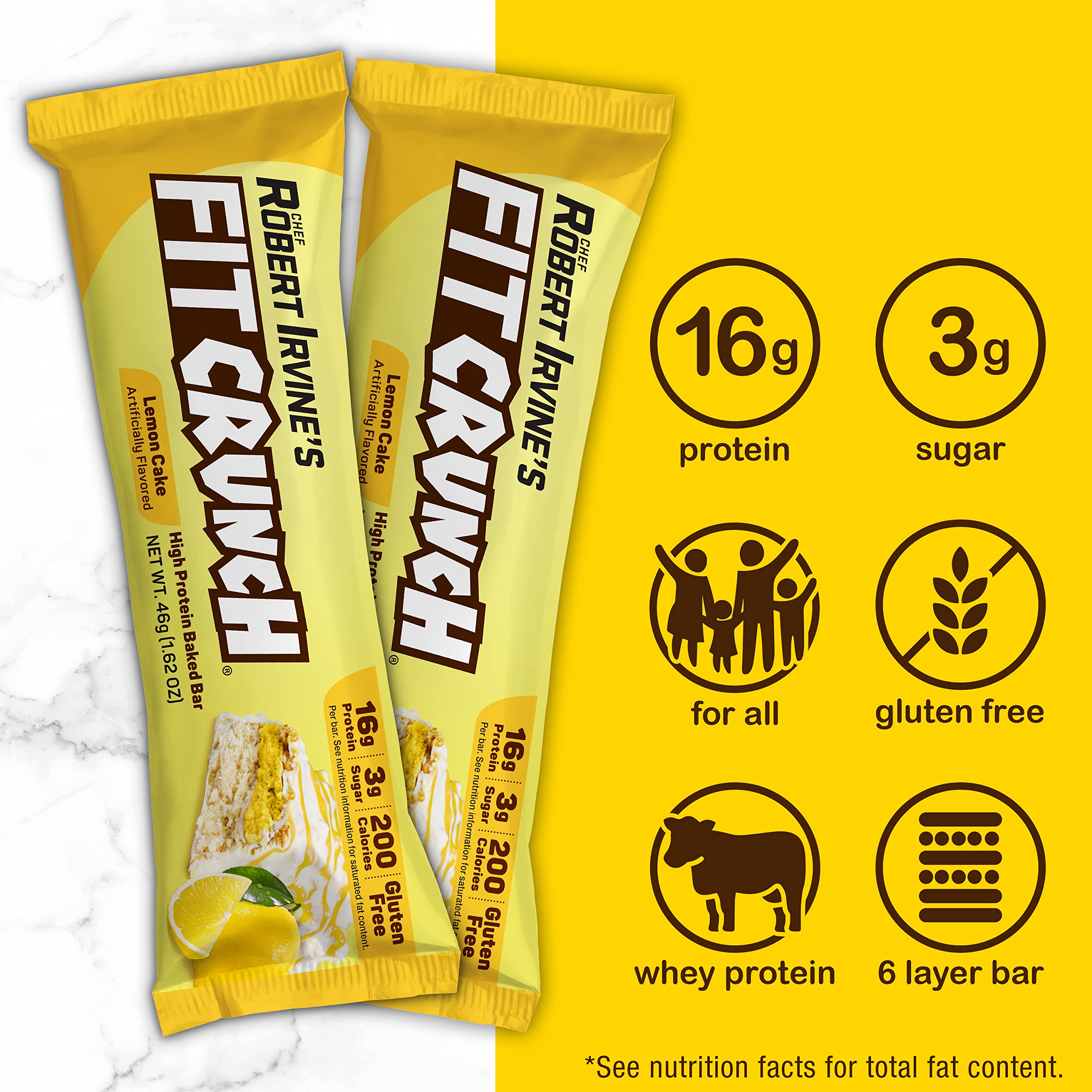 Six-layer baked structure of a Fit Crunch Lemon Cake bar is highlighted.