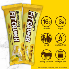 Six-layer baked structure of a Fit Crunch Lemon Cake bar is highlighted.