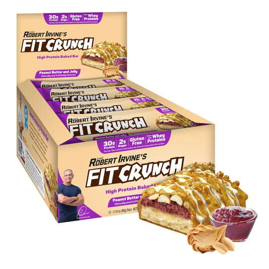 FITCRUNCH peanut butter jelly 6-layer bar slice — protein-packed snack for workouts.