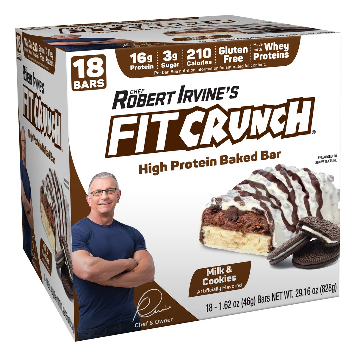 Fit Crunch Snack Size Milk and Cookies packaging shows a convenient, on-the-go snack.