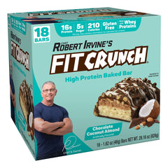 FitCrunch Snack Size Bar packaging front shows chocolate coconut almond flavor for on-the-go snacking.
