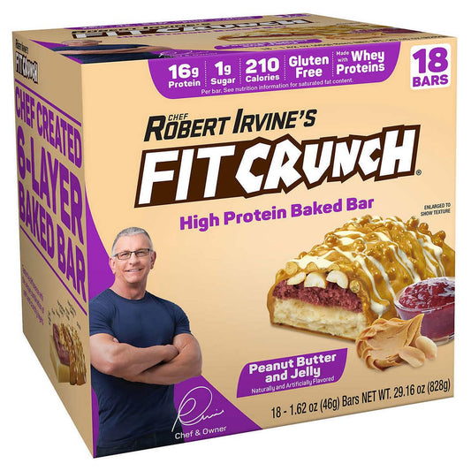 Fit Crunch peanut butter and jelly snack bar, convenient protein to fuel workouts.