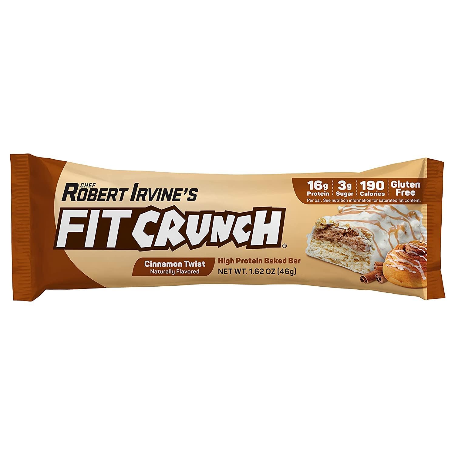 FITCRUNCH nutrition panel shows 16g protein and 3g sugar per bar