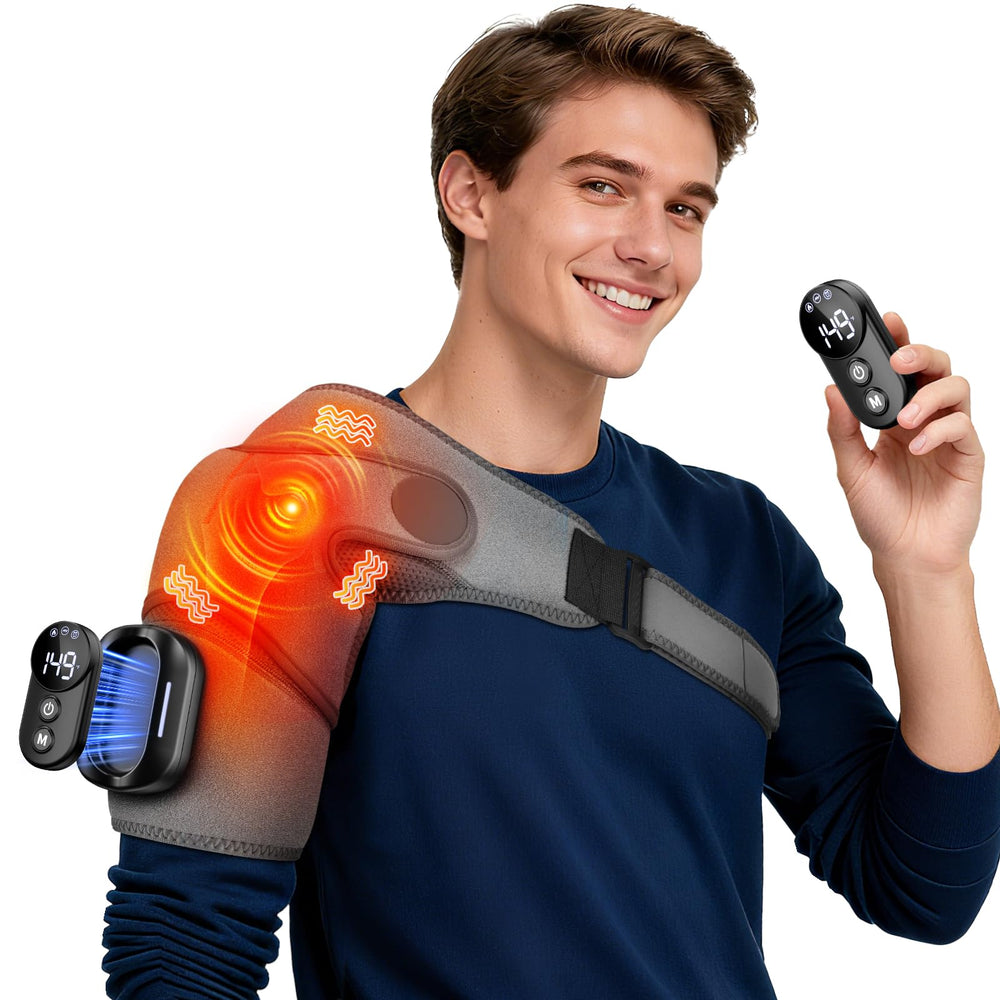 FitEase shoulder heating pad with detachable controller for easy heat control.
