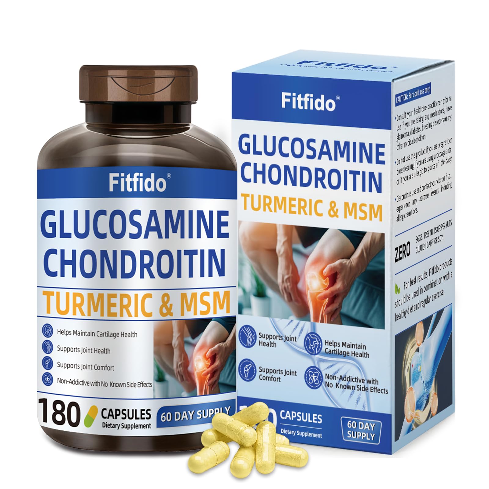 Fitfido bottle with glucosamine chondroitin MSM turmeric for flexible joints.