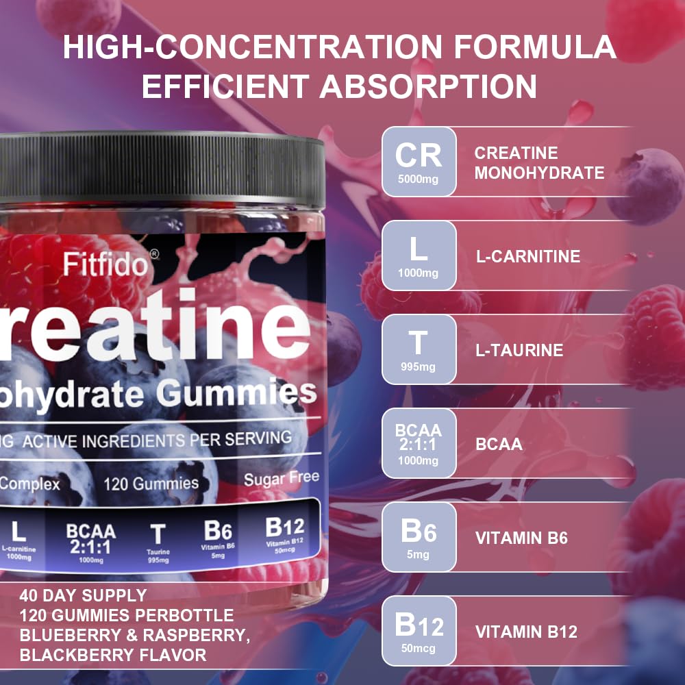 Fitfido Creatine Monohydrate Gummies blackberry bottle aids recovery after intense sessions.