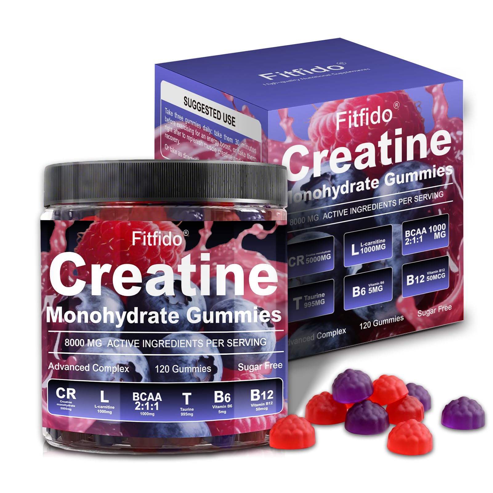 Fitfido Creatine Monohydrate Gummies raspberry bottle supports on-the-go workout energy.