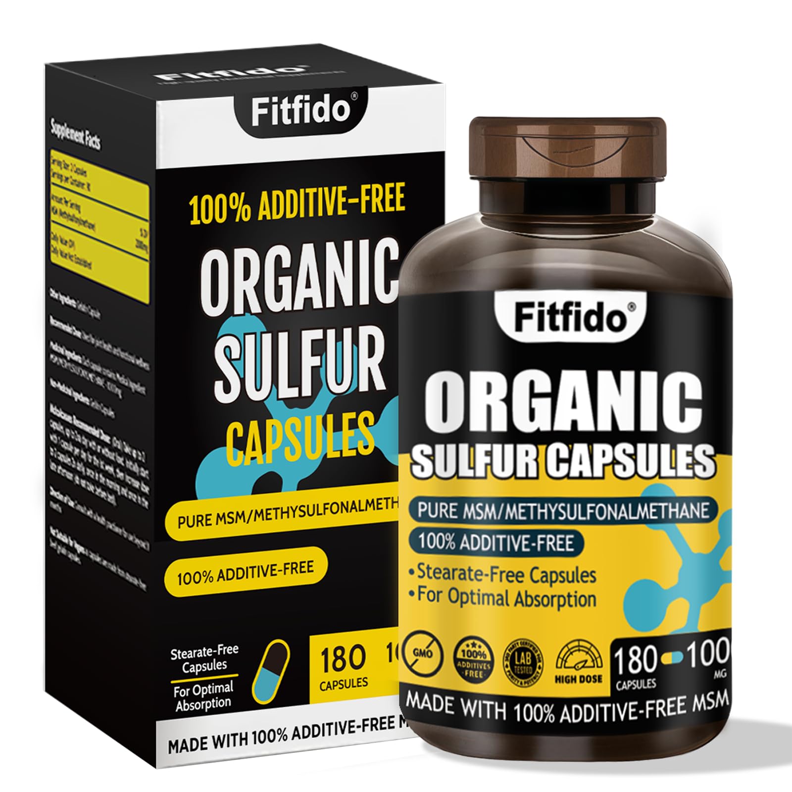 Fitfido MSM capsules bottle front showing pure, additive-free formula for joint comfort.