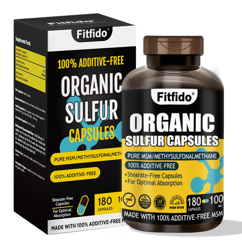 Fitfido MSM capsules bottle front showing pure, additive-free formula for joint comfort.