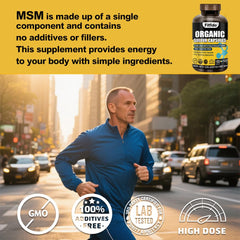 Fitfido MSM glass bottle on table with sunlight conveys clean supplement routine.